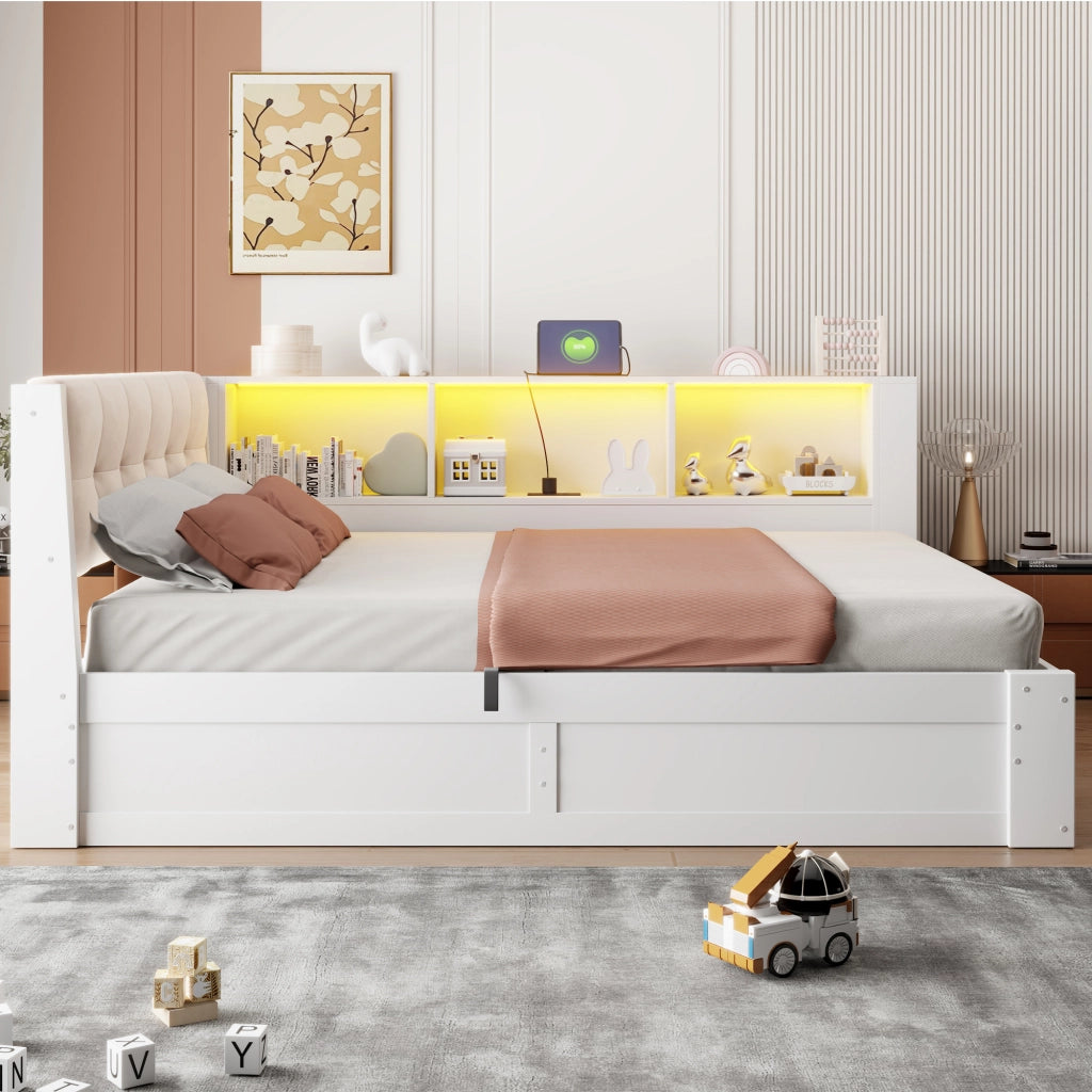 Letto da giorno 140 × 200 cm con contenitore idraulico in legno bianco LED USB e scaffale laterale
