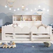 Letto a terra per bambini 140x190 cm bianco in legno con protezione antifuga, porta e scaffale integrato