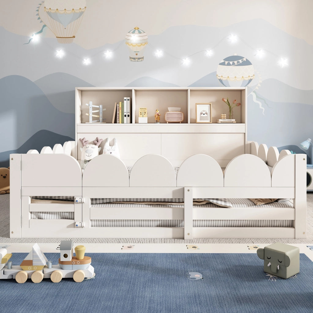 Letto a terra per bambini 140x190 cm bianco in legno con protezione antifuga, porta e scaffale integrato