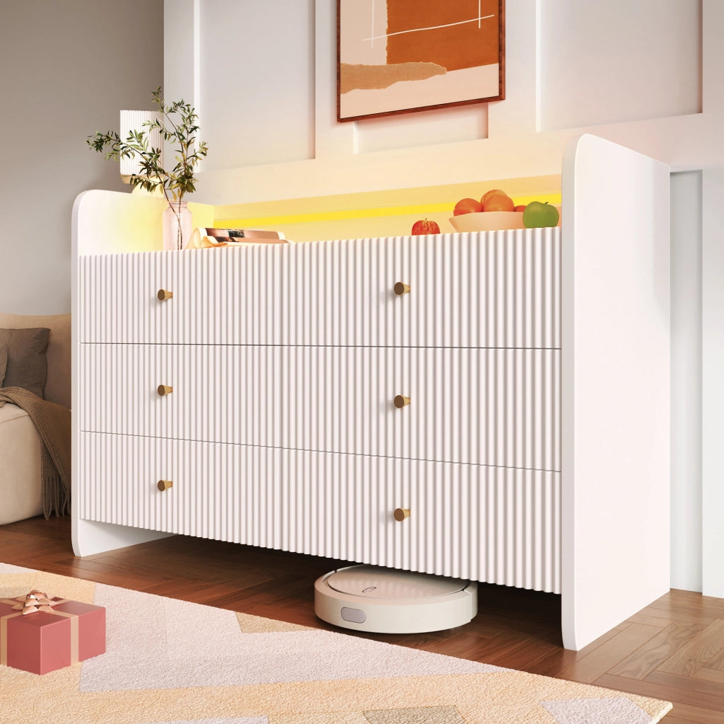 Mobile contenitore bianco con 6 cassetti, illuminazione LED e design a onde, 120x40x75 cm