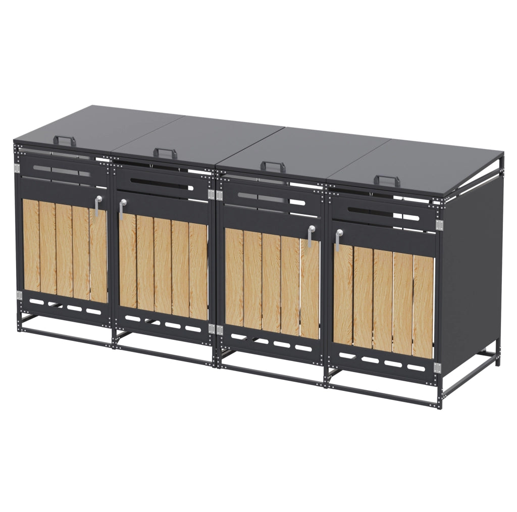Cassonetto porta rifiuti a 4 scomparti con coperchio idraulico, rivestimento effetto legno verticale, ventilazione a fori lunghi, struttura in ferro con serratura