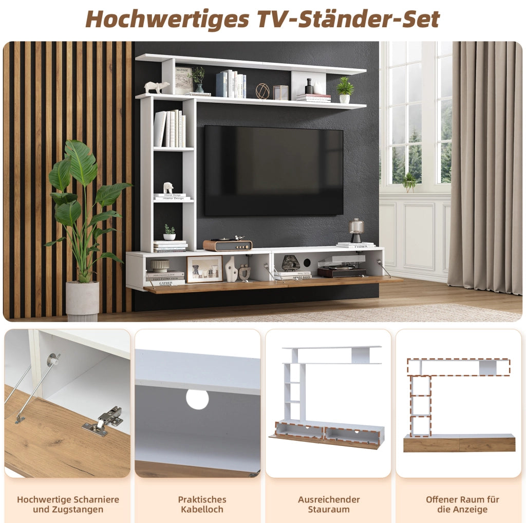 Mobile porta TV modulare con pensile e ripiani, bianco e legno