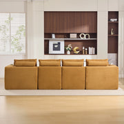 Divano modulare 4 posti con 2 pouf, tessuto in velluto arancione, cuscini, portabicchieri e tasche laterali