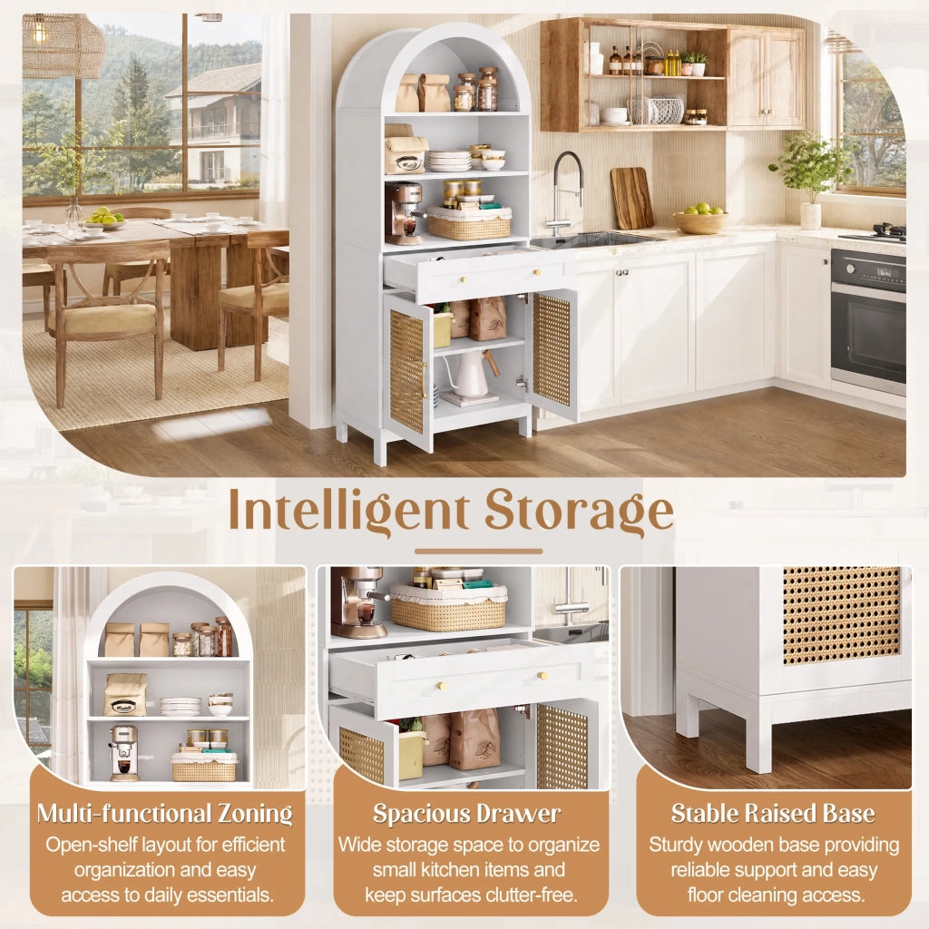 Vetrina moderna ad arco 70x40x170 cm, bianco e legno, ante in rattan, 3 vani espositivi, 2 ante, 1 cassetto, per soggiorno e ingresso