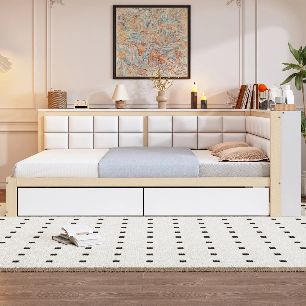 Letto singolo 140×200 cm con 2 cassetti e schienale morbido; senza materasso; legno; colore naturale