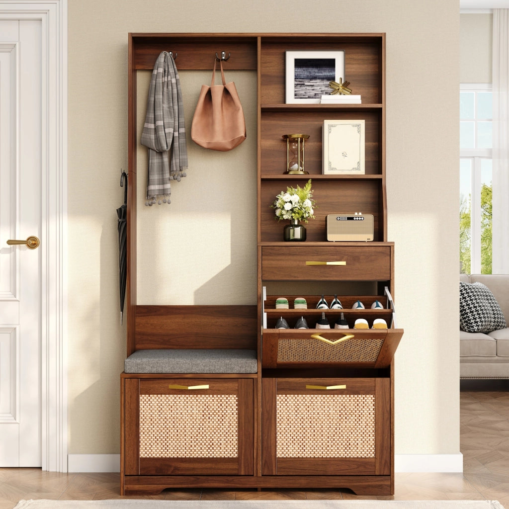 Mobile da ingresso con panca, 3 ribalte per scarpe, cassetto, ripiani e appendiabiti in MDF noce, 100 × 30 × 170 cm