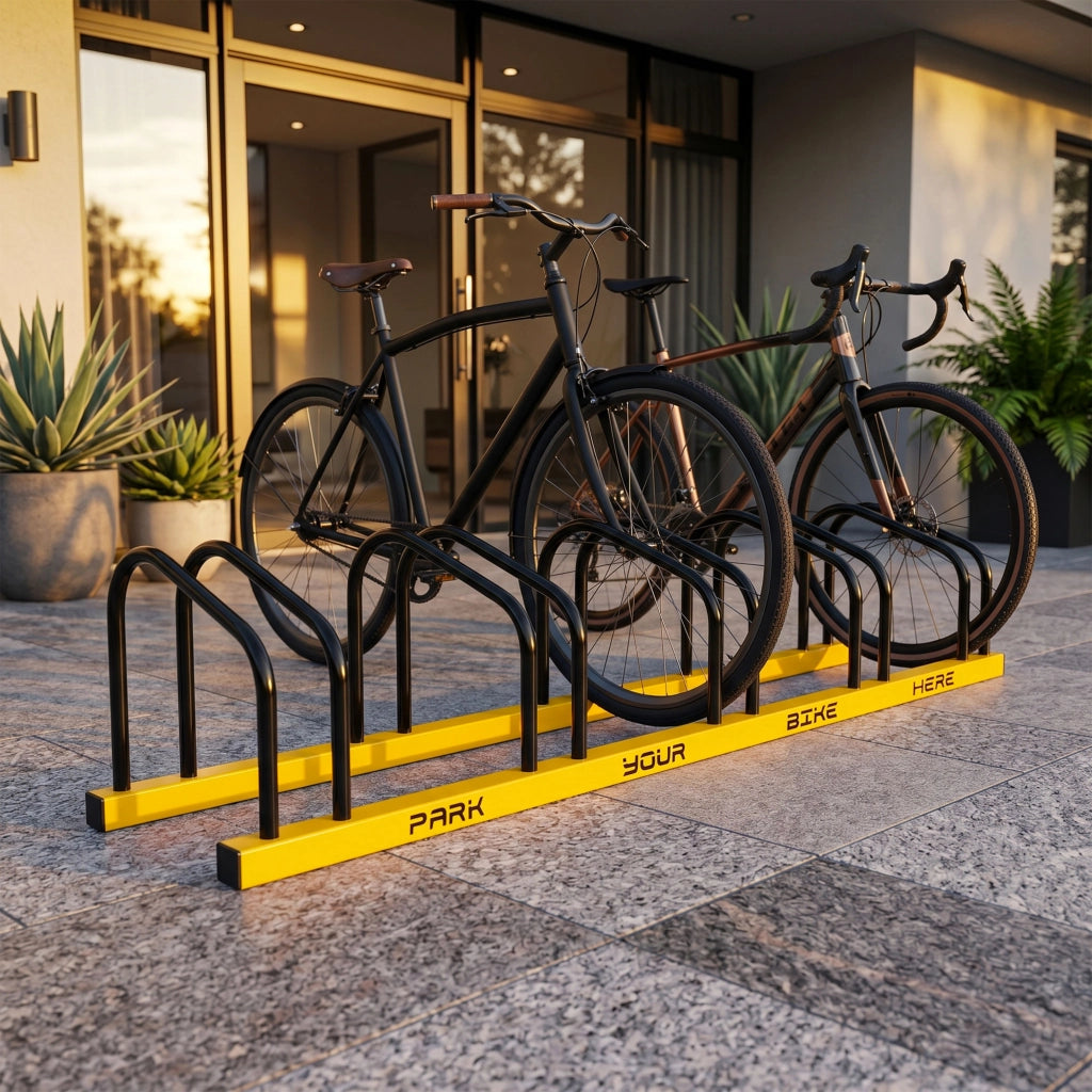 Rastrelliera Cavalletto Fermabici Modulare 5 in 1 in Acciaio Antiruggine con meccanismo di fissaggio al suolo ideale per parcheggiare fino a 5 biciclette in parco, strade private o garage.