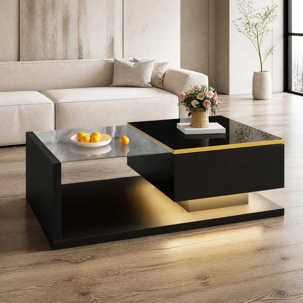 Tavolino da salotto nero lucido con vetro e illuminazione LED 90 cm