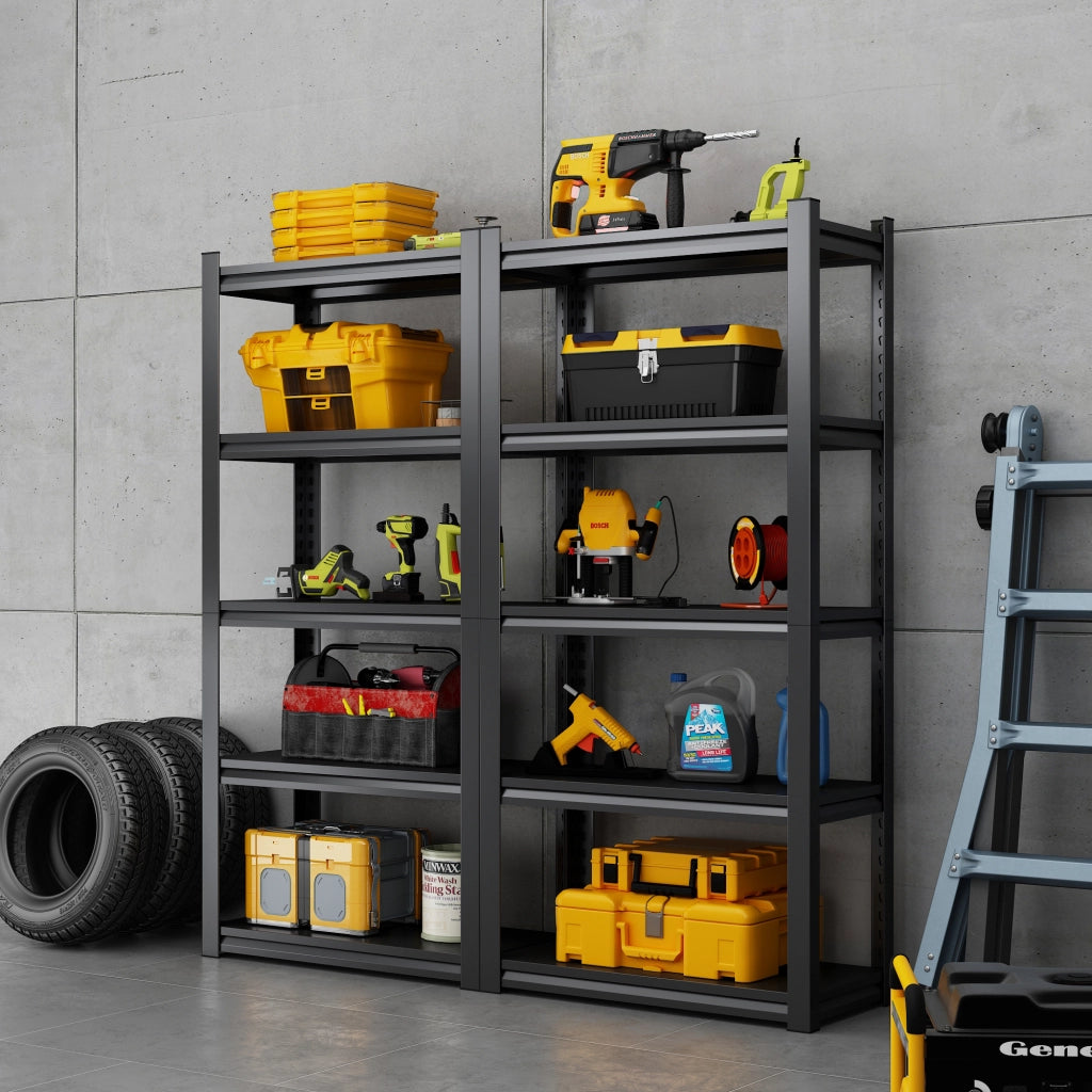 Scaffale in metallo a 5 ripiani regolabili portata 650 kg senza bulloni per garage magazzino e officina nero