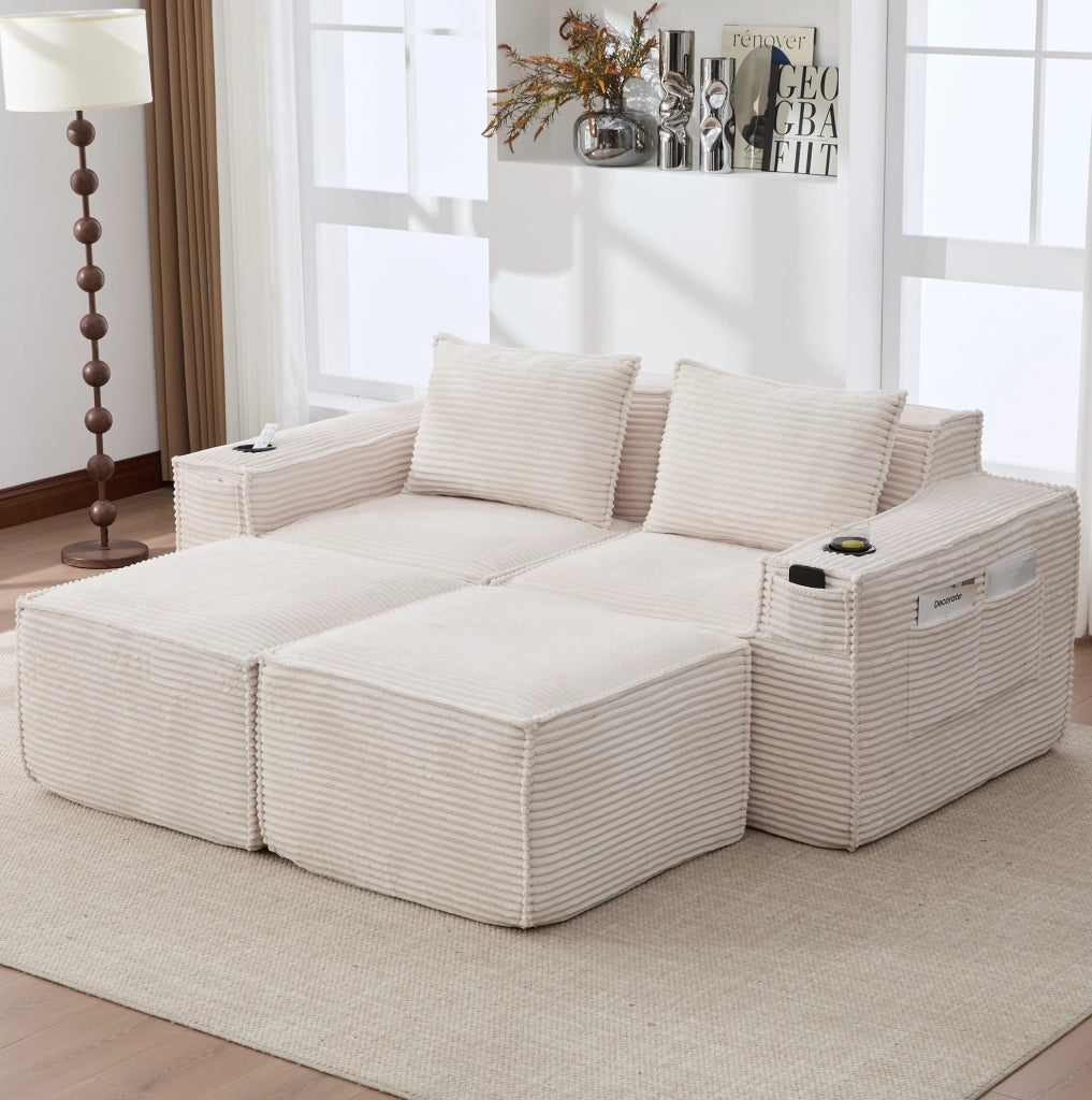 Divano modulare in velluto a coste beige con portabevande e tasche