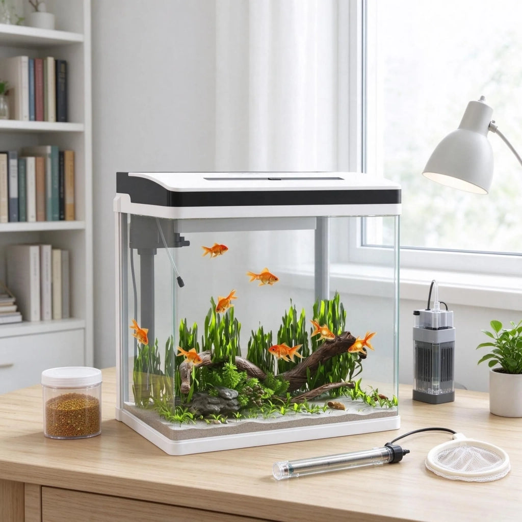 Acquario in vetro per pesci, completo di filtro, coperchio e illuminazione LED, per interni