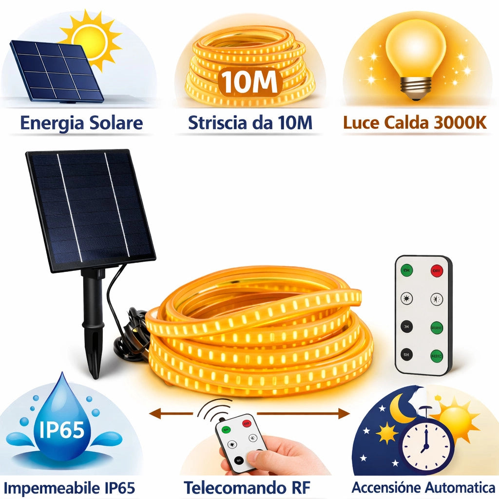STRISCIA LED SOLARE 10 METRI TELECOMANDO BIANCO CALDO 3000K ESTERNO ET-31612