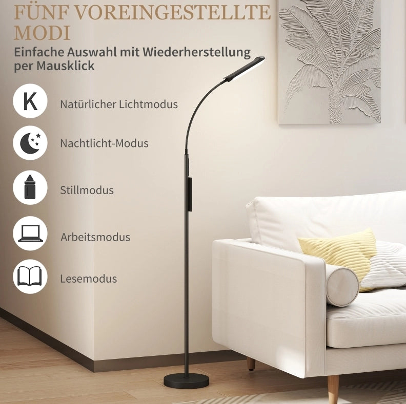 Lampada da Terra LED Dimmerabile con Telecomando e Controllo Touch, Collo d'Oca Regolabile 360°, Timer 1 Ora, Nero