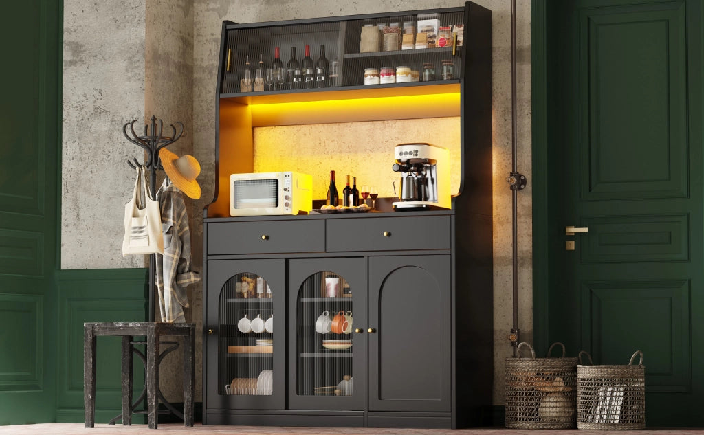Credenza alta da cucina e sala da pranzo nera con ante a vetrina, 2 cassetti, ripiani regolabili e illuminazione LED a colori variabili
