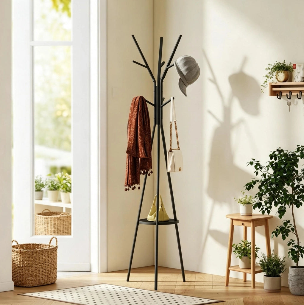 Portaabiti moderno in metallo e MDF con 9 ganci e mensola, colore nero, 45x45x180 cm