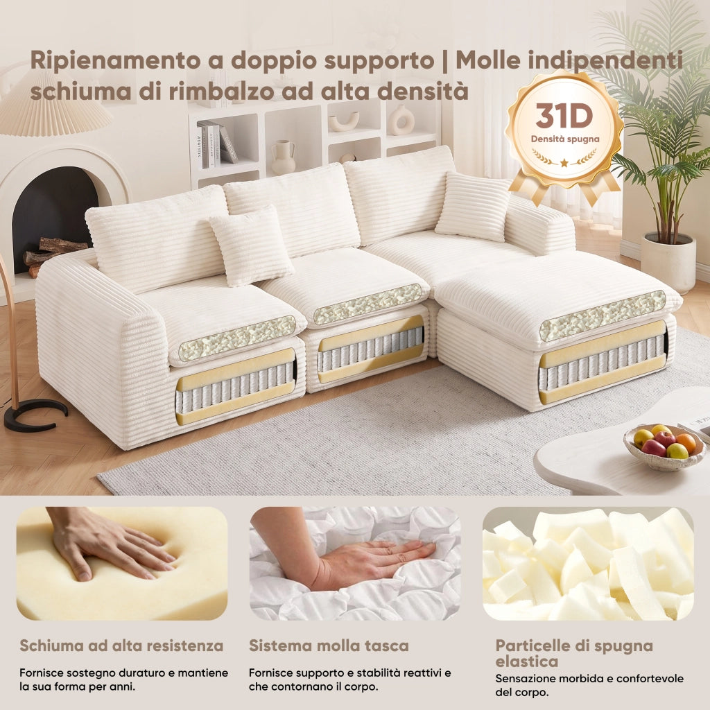 Divano modulare angolare con convertibile 3-in-1, funzione letto in schiuma e molle beige