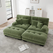 Divano modulare a 2 posti in chenille verde con braccioli arrotondati e pouf mobili