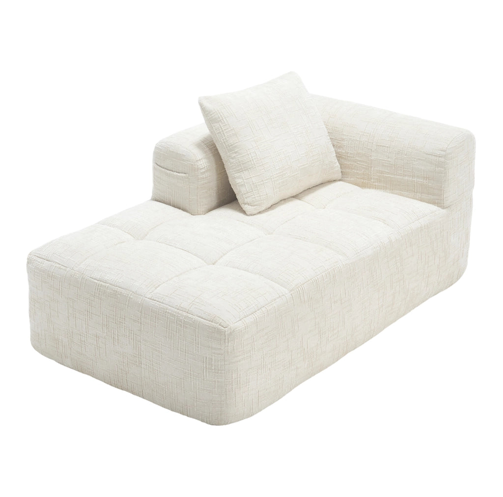 Divano chaise longue 158x90x60 cm in ciniglia beige con tasche laterali e cuscino