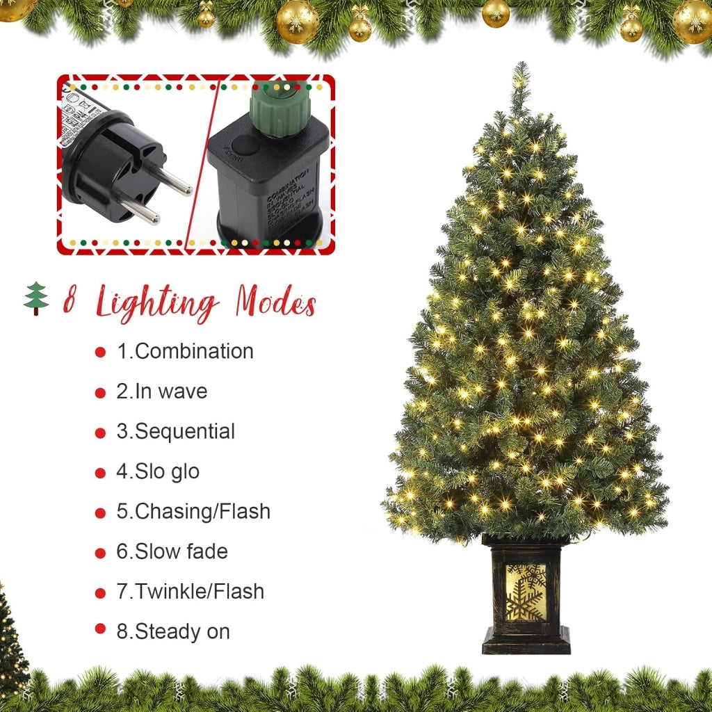 Albero di Natale Artificiale 145cm con 300 LED Bianco Caldo 8 Giochi Luce e Vaso Retrò