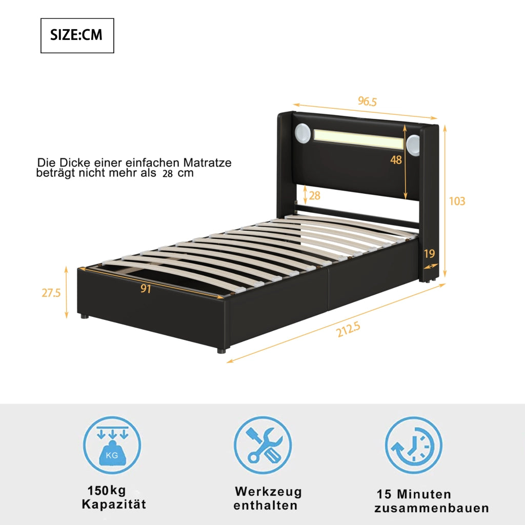 Letto imbottito per bambini 90x200 cm con LED; Bluetooth e vano contenitore