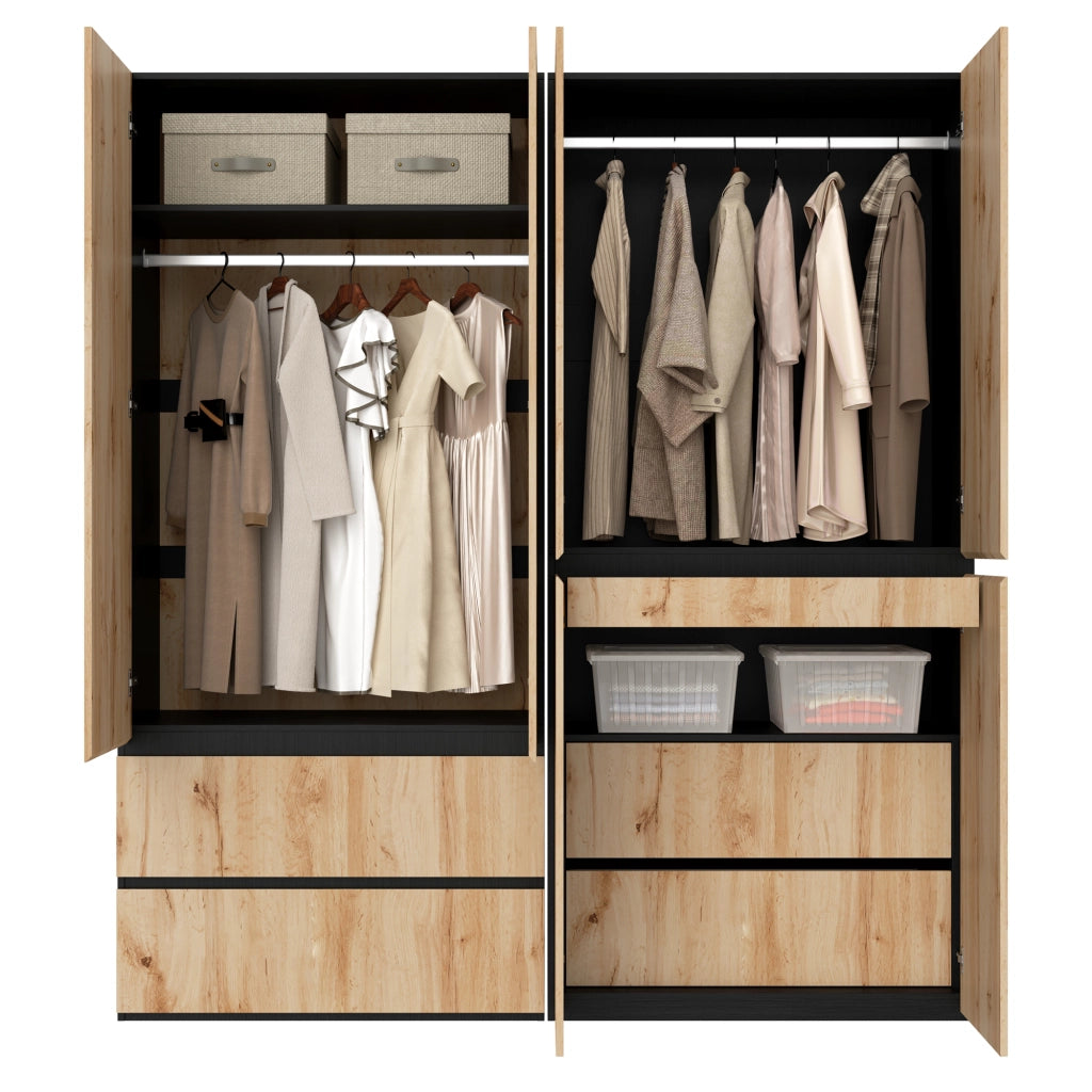 Armadio 6 ante con 5 cassetti e 2 barre appendiabiti mobile contenitore per camera da letto in MDF e pannello truciolare rovere