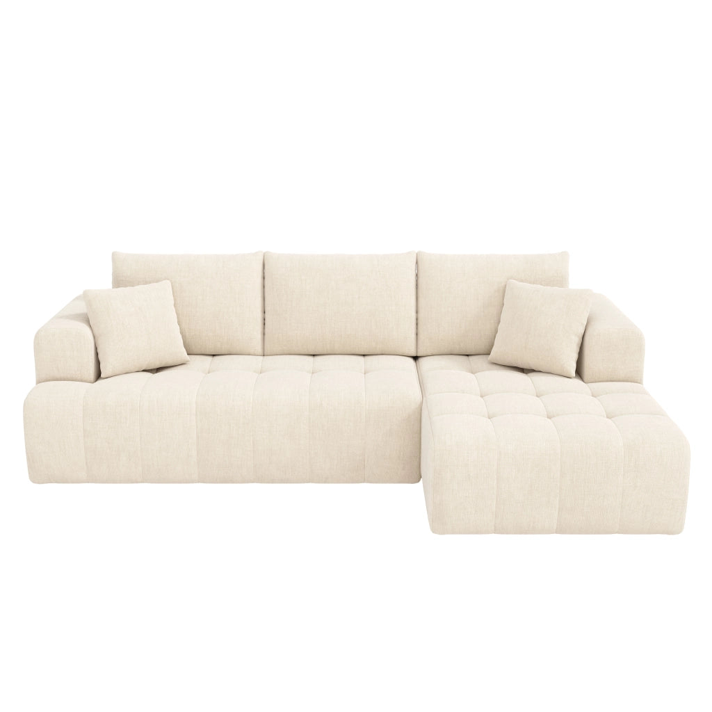 Divano angolare modulare a 3-4 posti in ciniglia beige con design basso e 2 cuscini inclusi