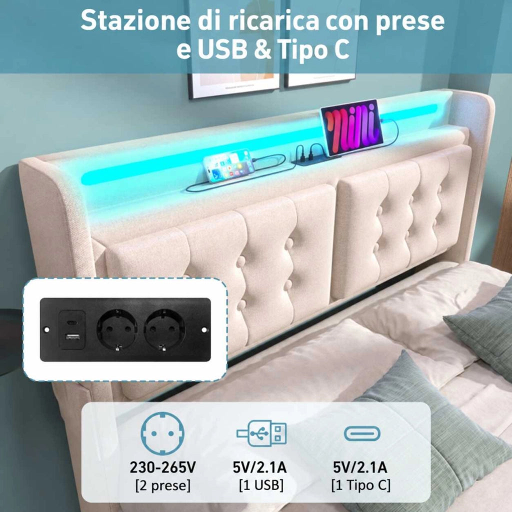 Letto contenitore 140x200 cm beige in tessuto misto cotone e lino con vano sotto la rete; LED; USB e USB-C