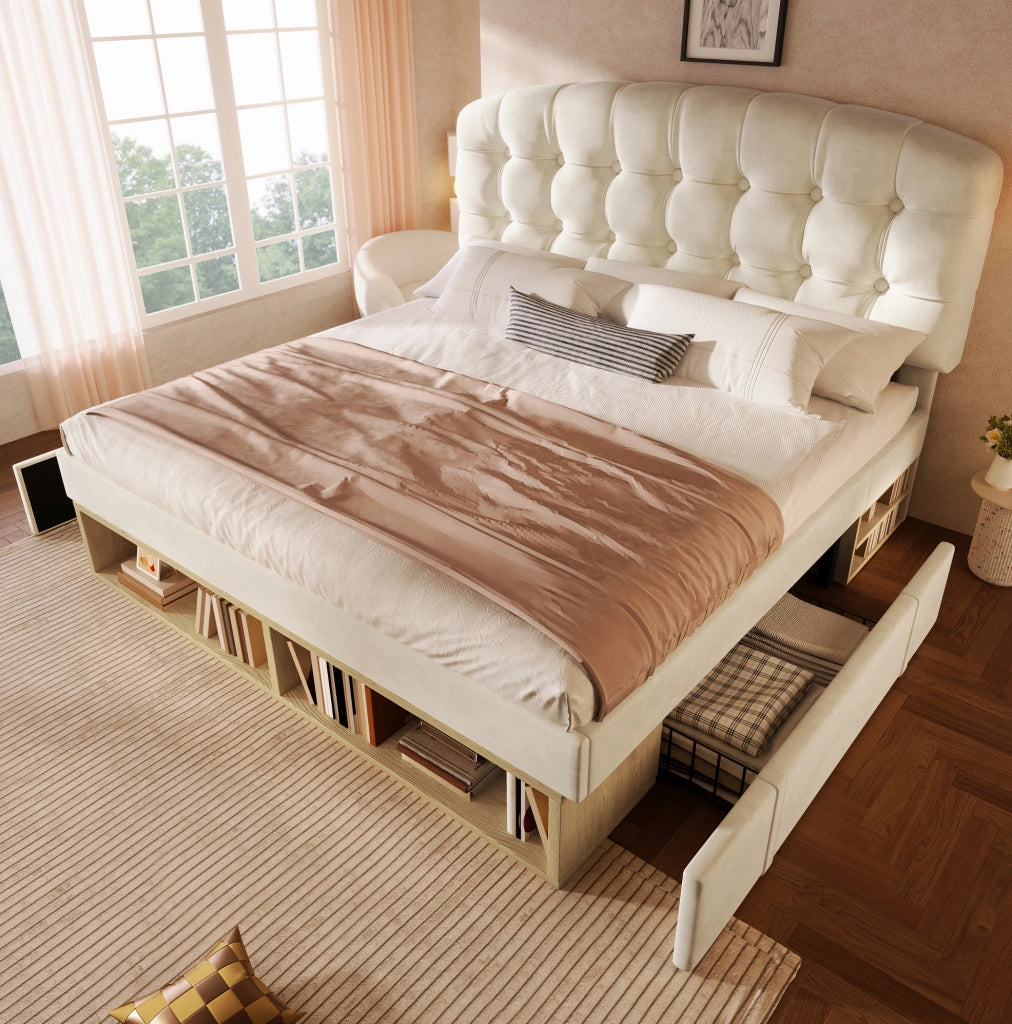 Letto imbottito 140x190 cm in velluto beige con testiera regolabile e cassetti