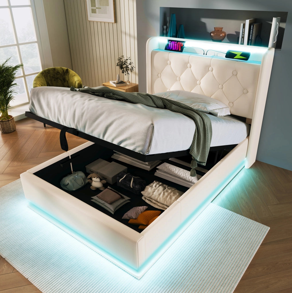 Letto singolo contenitore 90x200 cm bianco PU con LED e USB-C