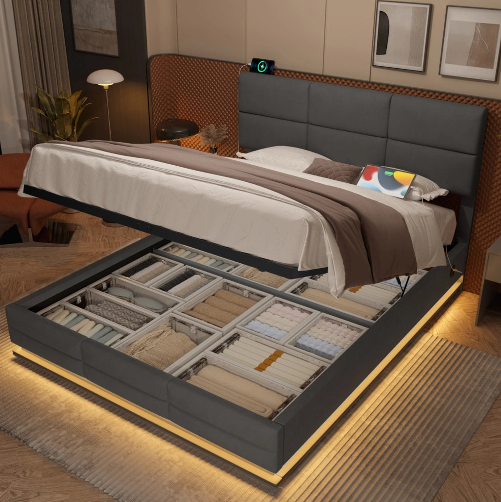 Letto matrimoniale 160x200 cm in velluto grigio scuro con testiera regolabile; LED e USB