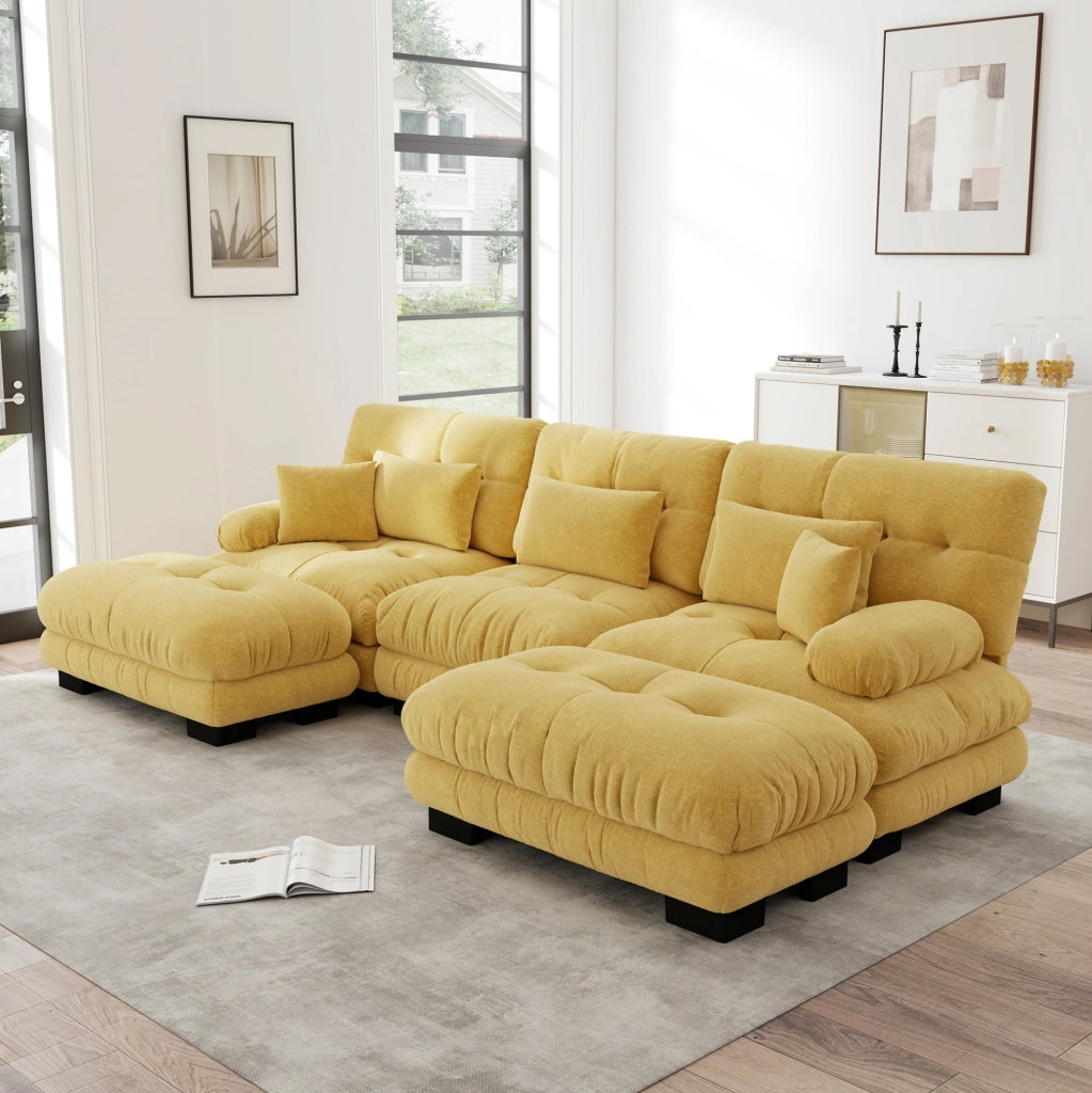 Divano modulare ad angolo a forma di U in tessuto vintage Chenille giallo con pouf abbinati