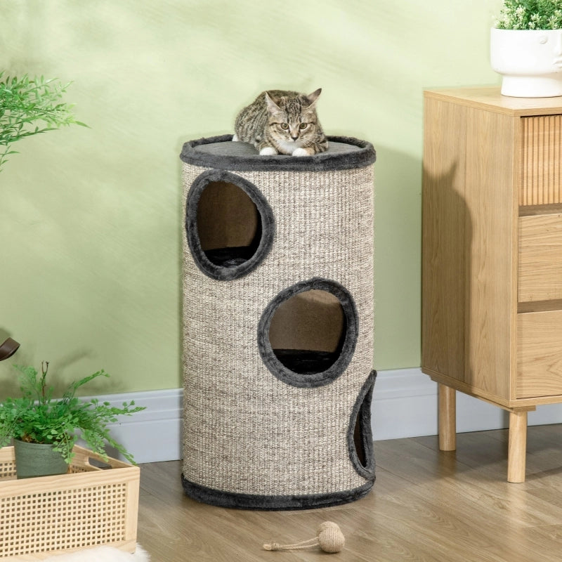 Tiragraffi a torre per gatti con 3 livelli rivestimento in corda di sisal e peluche grigio chiaro Ø 38 × 70 cm