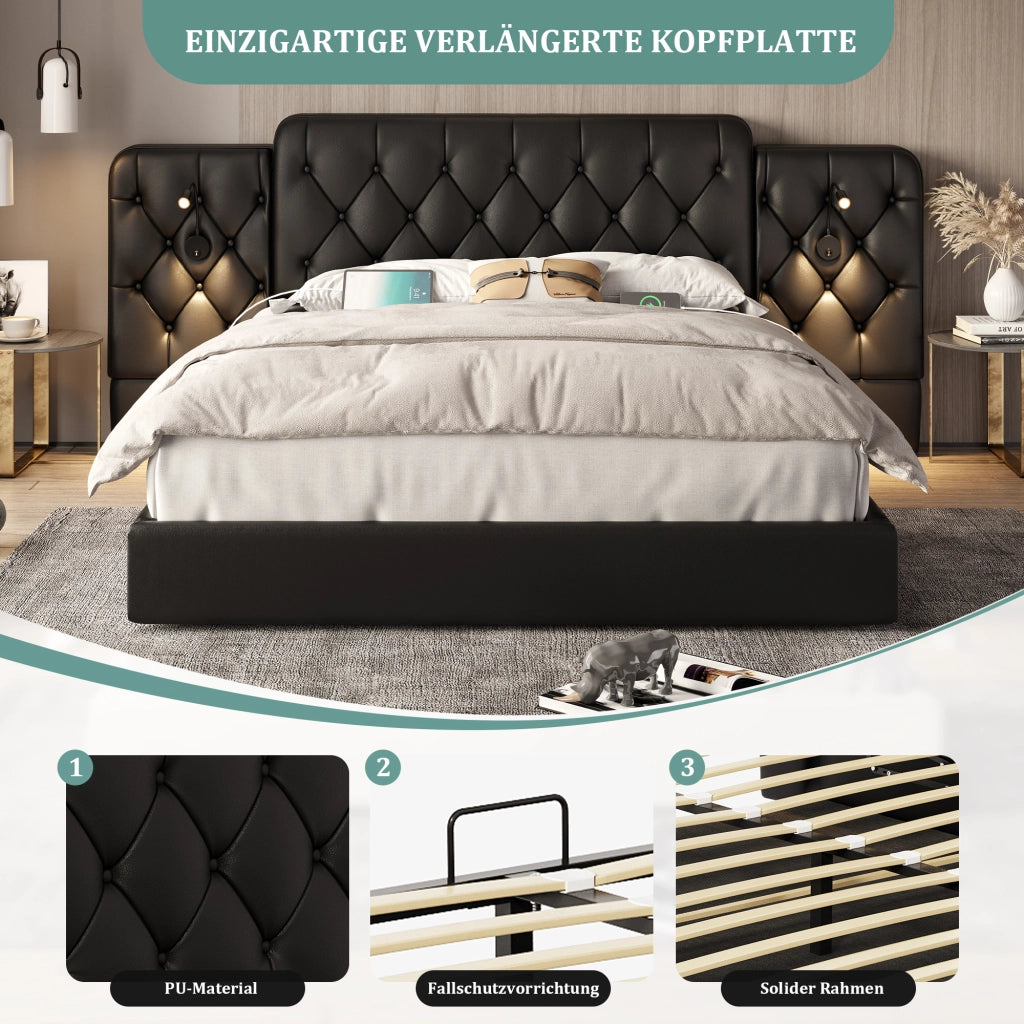 letto con testata lunga in ecopelle nero 160 x 200 cm