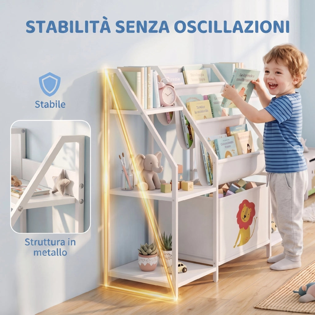 Libreria Montessoriana per Bambini 3-8 Anni con 3 Ripiani in Tessuto, Scomparti in Legno e Cassetto, Bianco