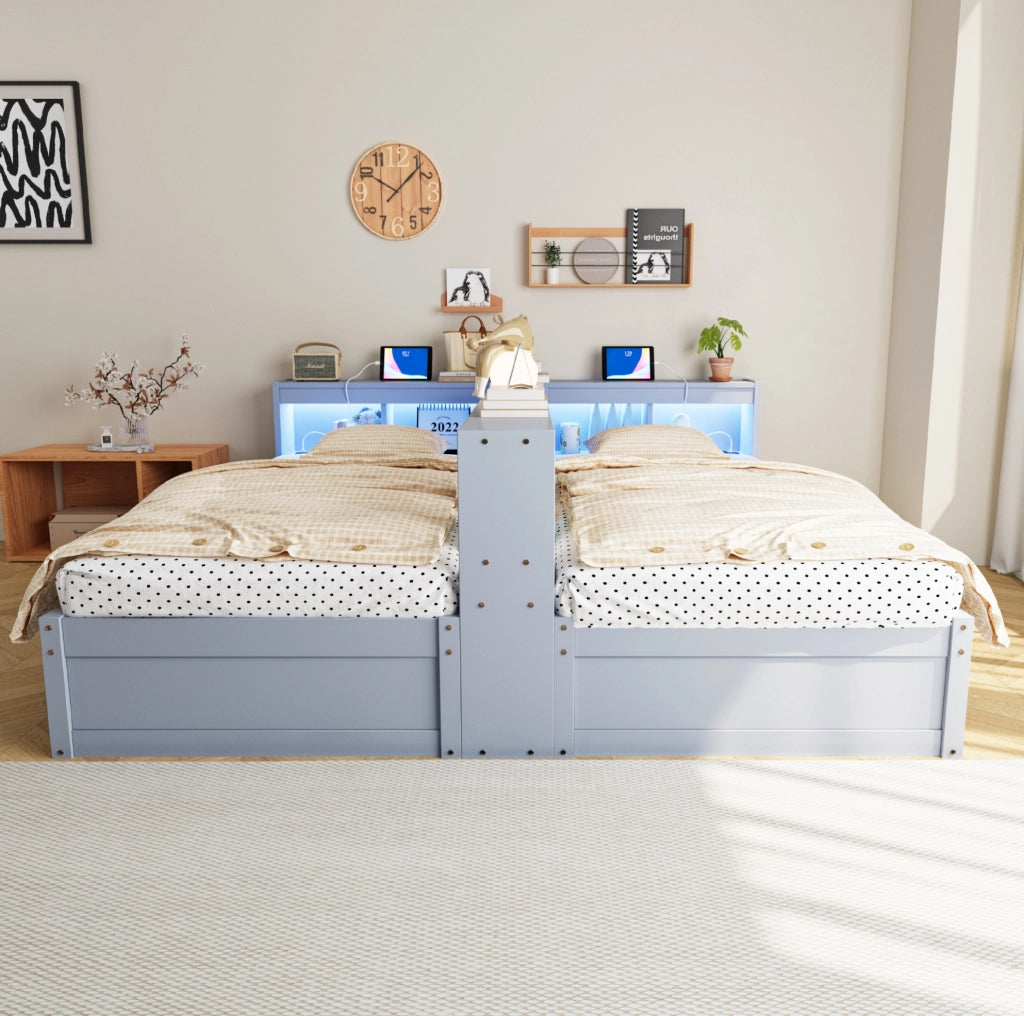 Letto Multifunzionale in Legno Massello 90/180 × 200 cm con Luci LED, Meccanismo Idraulico e Doppia Presa Euro, Grigio