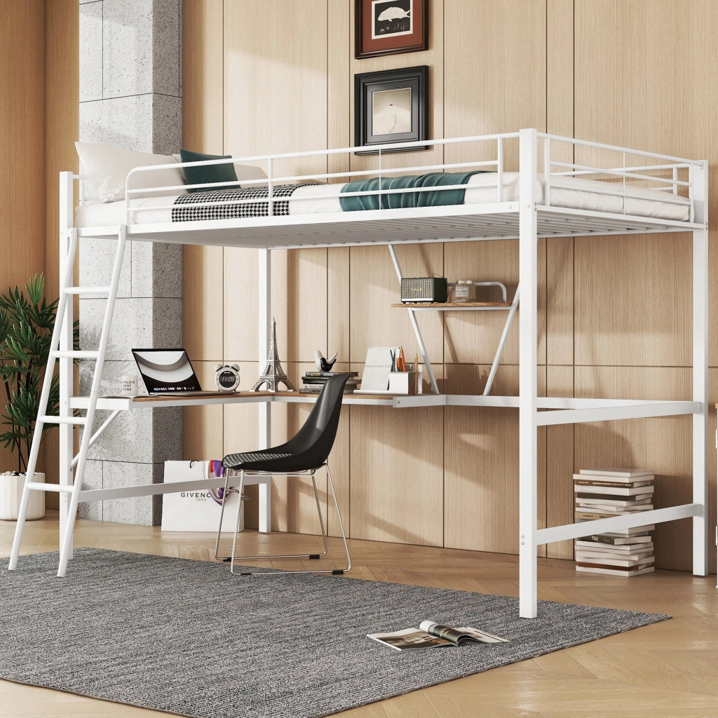 Letto a soppalco 90 × 200 cm con scrivania a L e scaffale in metallo e MDF bianco
