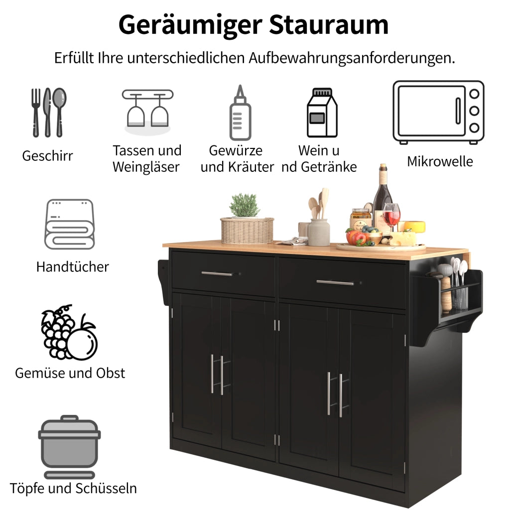 Carrello da cucina con piano pieghevole, 4 ante e 2 cassetti, ruote, per cucina e sala da pranzo, 120 × 46 × 91.5 cm
