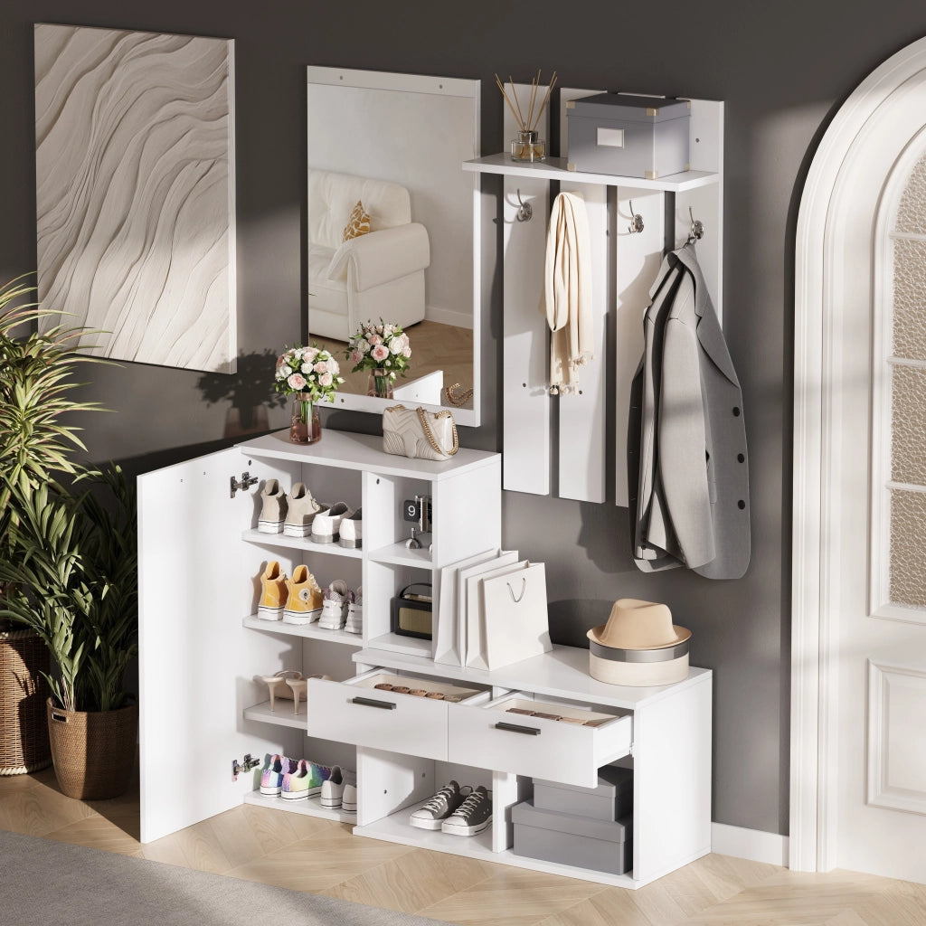 Mobile da ingresso con specchio, anta, 2 cassetti, 10 vani e 4 ganci per ingresso, in MDF bianco, 120 × 35 × 175,5 cm
