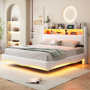 Letto imbottito sospeso 160x200 con luce LED; prese USB e Type-C; beige