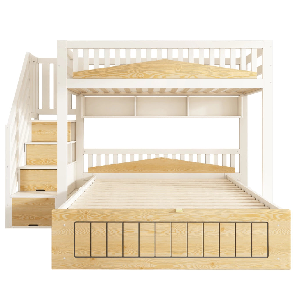 Letto a castello sfalsato in legno 90x200 & 140x200 cm con spazio idraulico, armadio a gradini, corrimano di sicurezza e USB-C, bianco e naturale, senza materasso