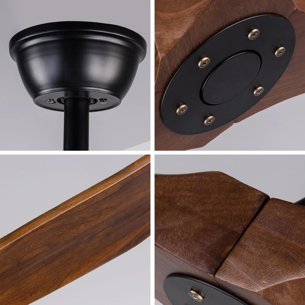 Ventilatore da soffitto senza luce in metallo e legno; nero e noce scuro; con telecomando