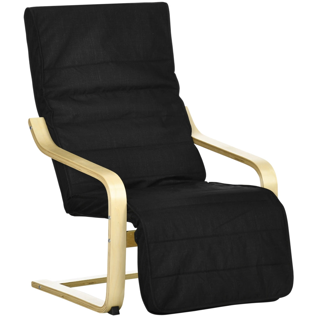 Poltrona Relax a Dondolo in Legno di Betulla con Poggiapiedi Regolabile, Rivestimento in Tessuto di Cotone Nero, Dimensioni 66,5x94x100 cm
