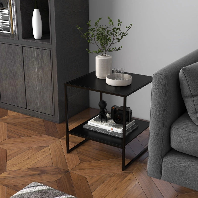 Tavolino laterale con ripiano aperto in acciaio nero per divano; poltrona o camera da letto 40 × 40 × 45 cm