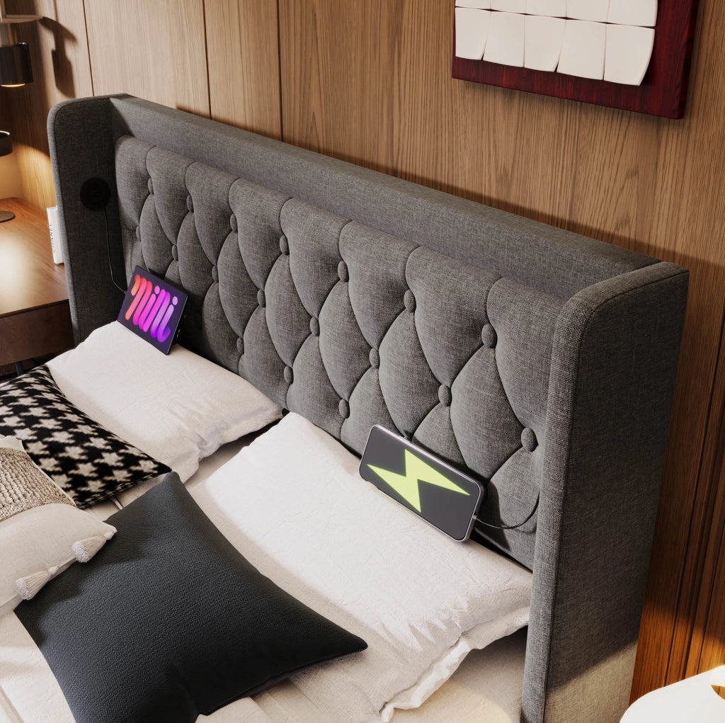 Letto matrimoniale 180x200 cm in cotone con LED e contenitore