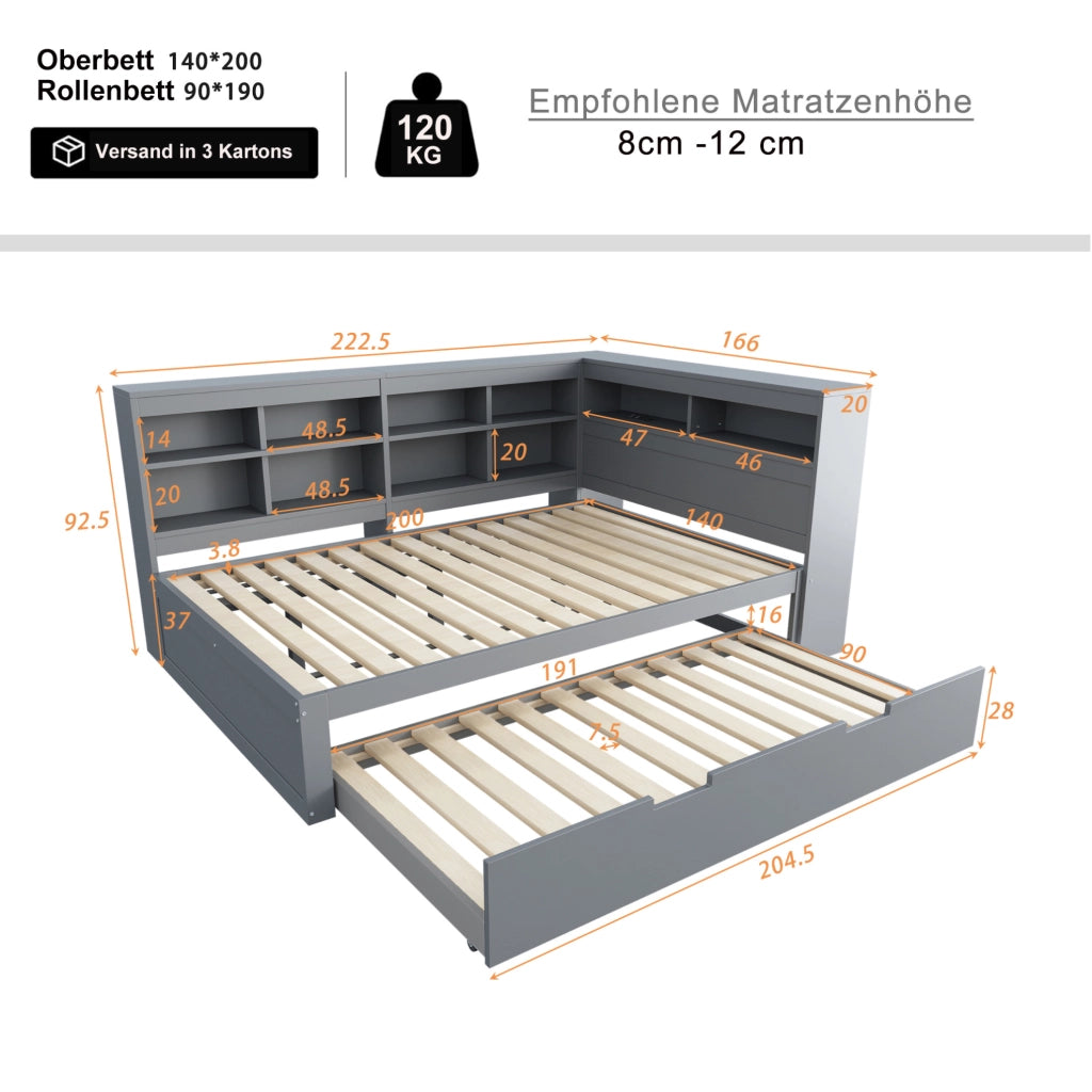 Letto matrimoniale 140x200 cm con letto estraibile 90x190 cm e presa USB grigio