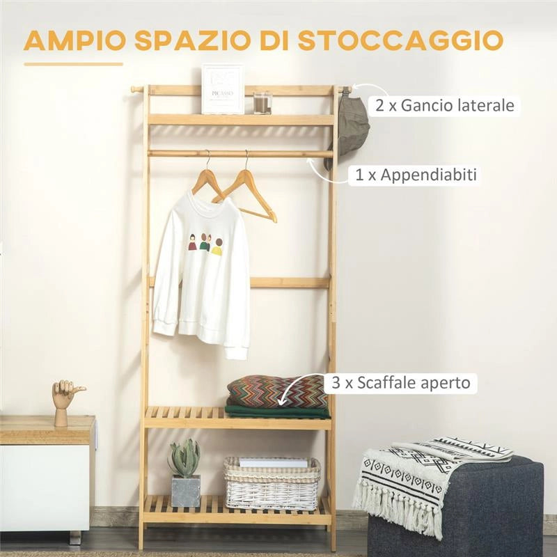 APPENDIABITI IN LEGNO DI BAMBÙ DA TERRA CON RIPIANI 70X42X164 CM COLORE LEGNO