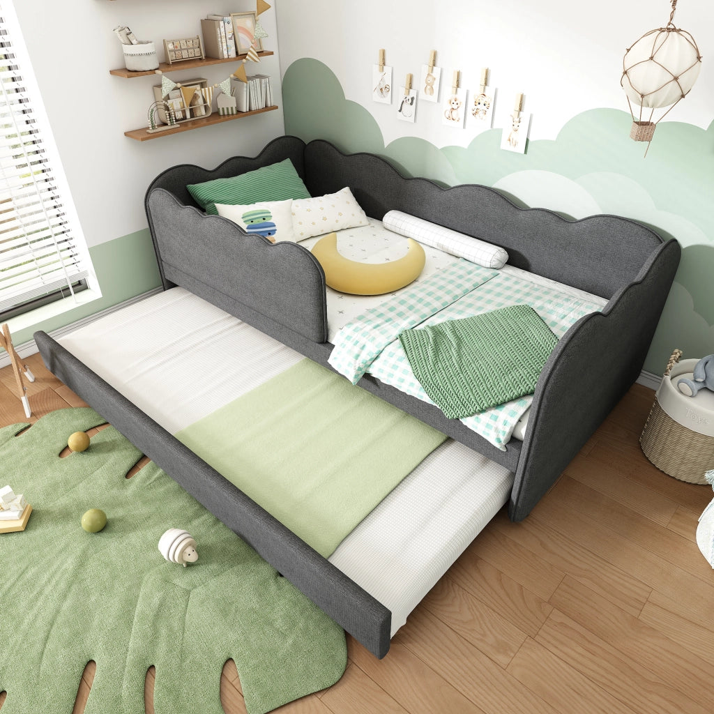 Letto estraibile 90×190 cm 2 posti con barriera e schienale imbottito; senza materasso; in lino; grigio