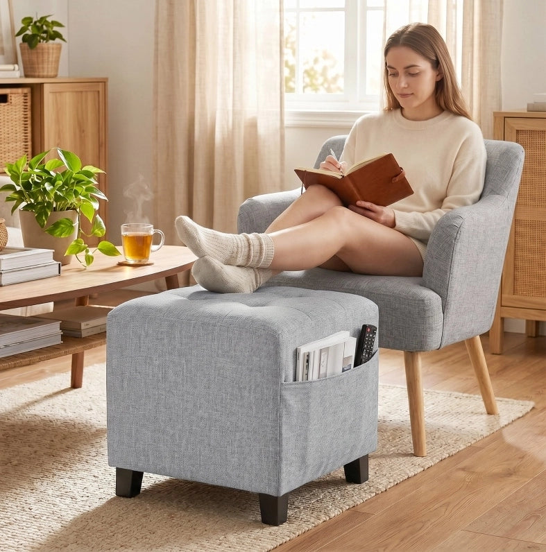 POUF Poggiapiedi 35x35x35 cm in Lino Grigio Chiaro con Tasca