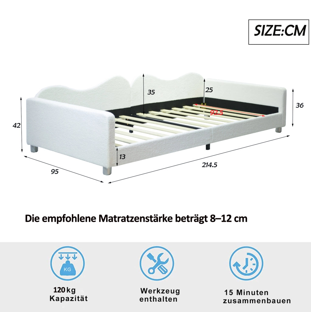 Letto per bambini 90x200 cm imbottito con schienale e braccioli bianco