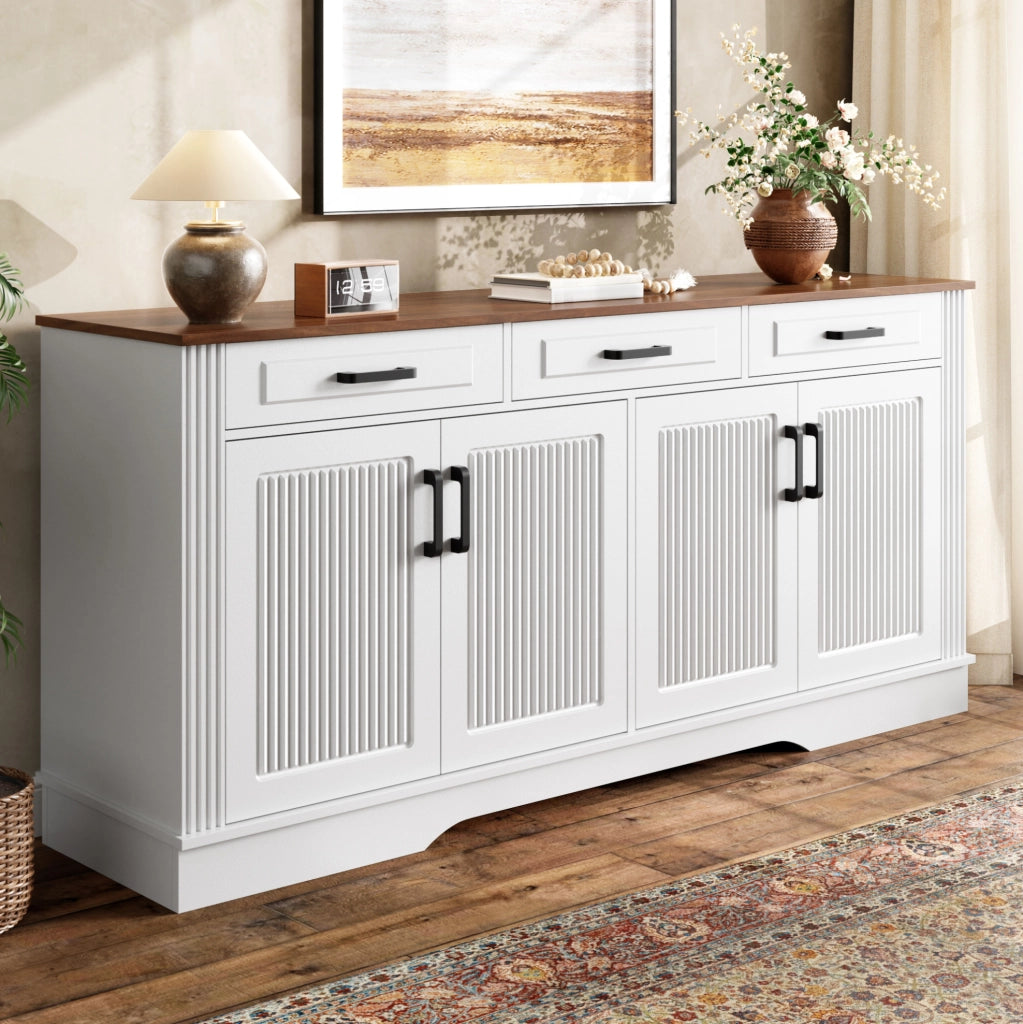 Credenza moderna con 4 ante e 3 cassetti in MDF bianco